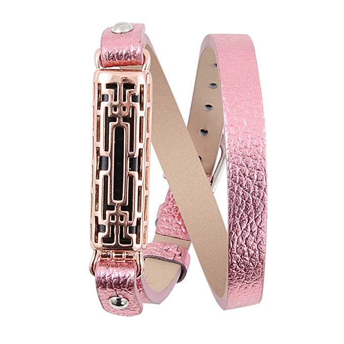 Hagibis Genuine Leather Bands with Metal Pendant for Fitbit Flex 2 (Gold Pink)