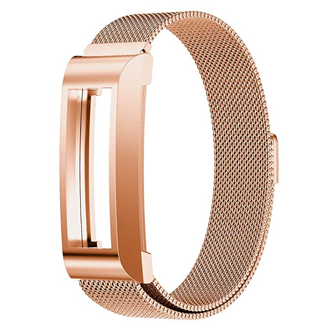 Huamecl Milanese Magnetic Loop Stainless Steel Bracelet Strap Replacement with Frame Case Cover For Fitbit Alta/Alta HR Watch-Milanese Rose gold