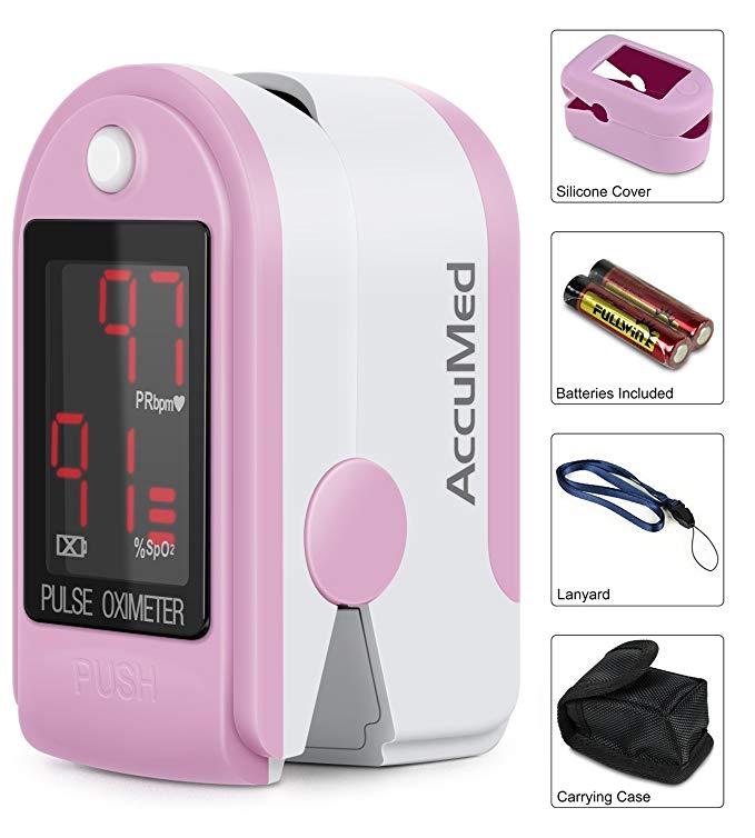 AccuMed CMS-50DL Pulse Oximeter Finger Pulse Blood Oxygen SpO2 Monitor w/Carrying case, Landyard Silicon Case & Battery (Pink)