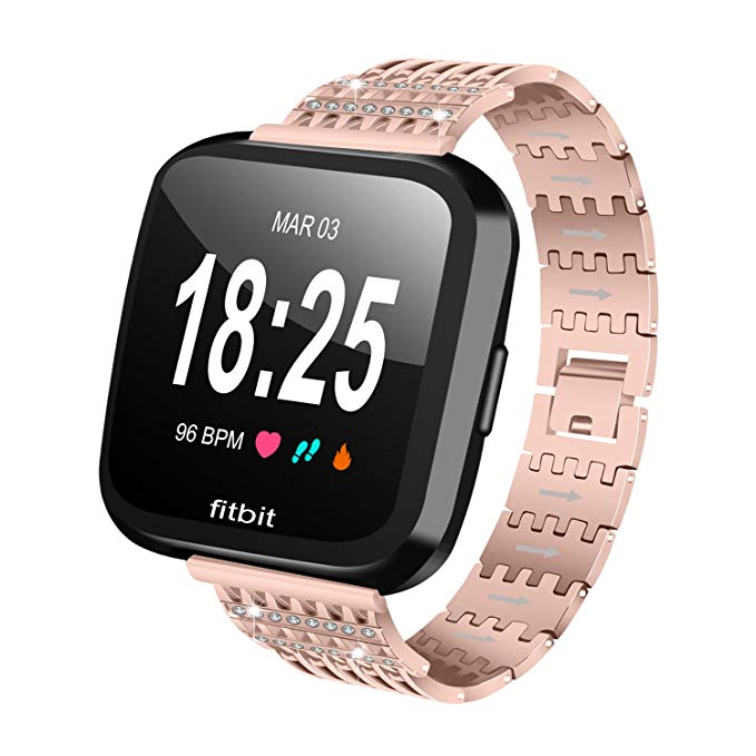 EloBeth Compatible Fitbit Versa Bands, Stainless Steel Crystal Alloy Crystal Rhinestone Bracelet Strap for Fitbit Versa Watch (Diamond Bling Rose Gold)