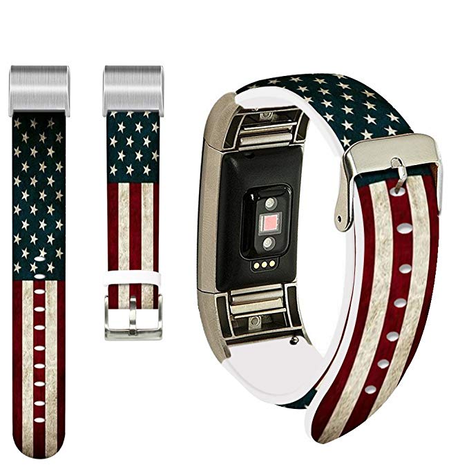 For Fitbit Charge 2 Strap women,Ecute Replacement Band For Fitbit Charge 2 Leather Bands Strap With Metal Connectors- American Flag