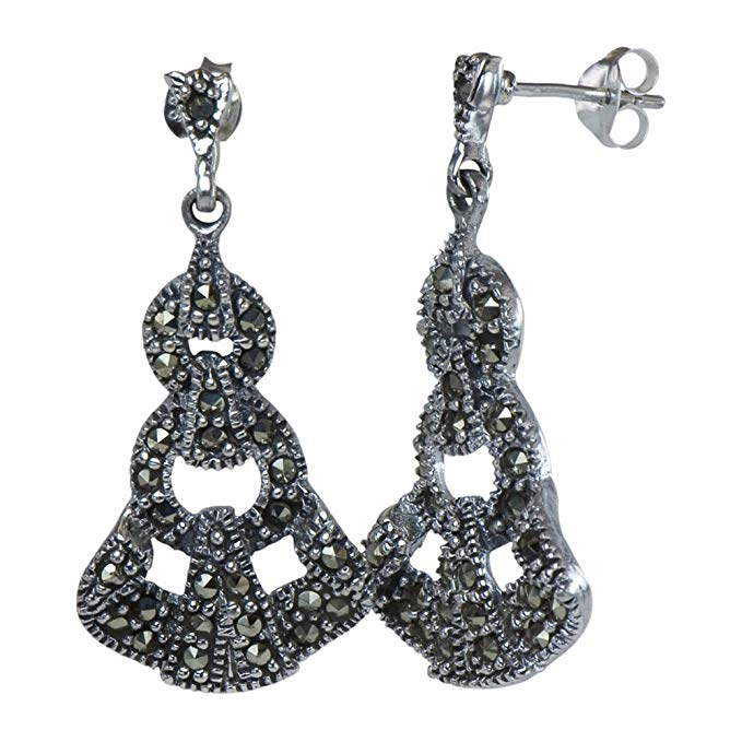 Intricate Art Nouveau 925 Sterling Silver Natural Marcasite Gemstones Earrings