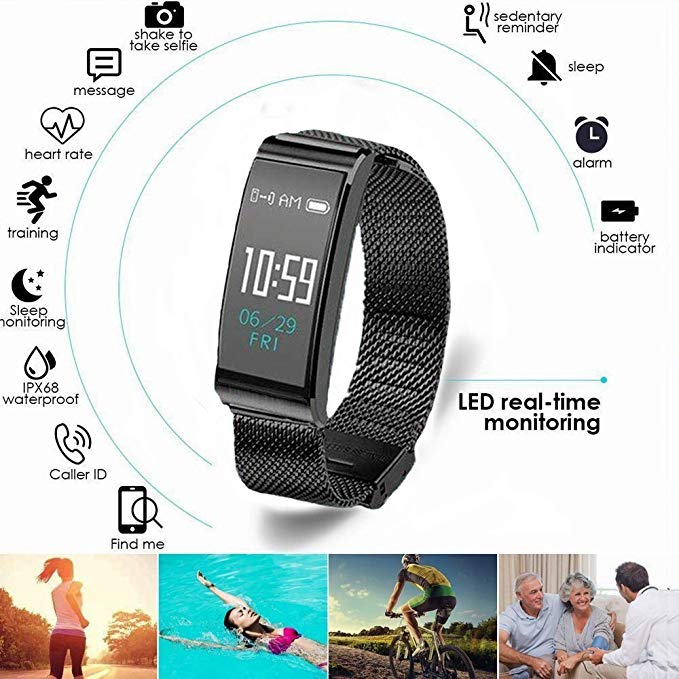 Fitness Activity Tracker Watch IP68 Waterproof Sports Stylish Bracelet with Fashion Metal Mesh Strap for All Day Activity and Auto Sleep Tracking Pedometer with APP Support for iOS/Android