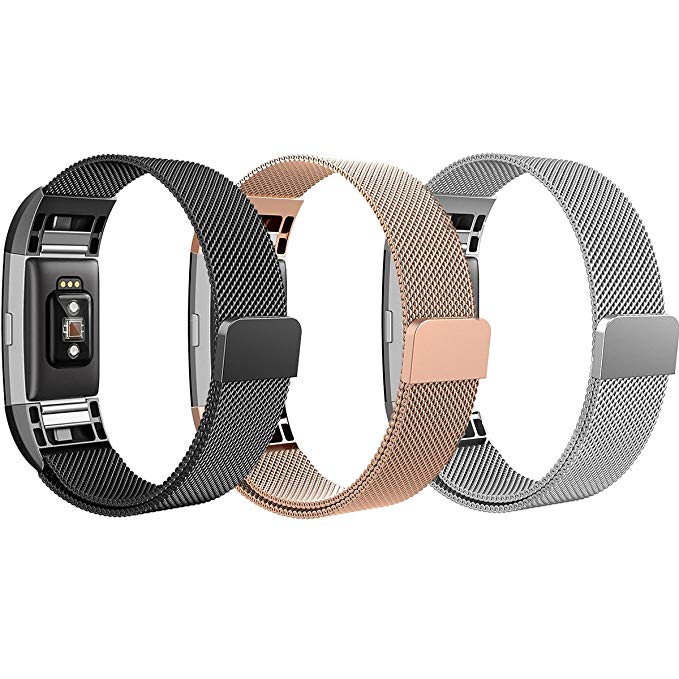 Bands Fitbit Charge 2, SailFar 3 Pack Magnetic Clasp Mesh Loop Milanese Stainless Steel Metal Bracelet Strap/Watch Band Fitbit Charge 2,Small, Men/Women, Gold, Silver, Black