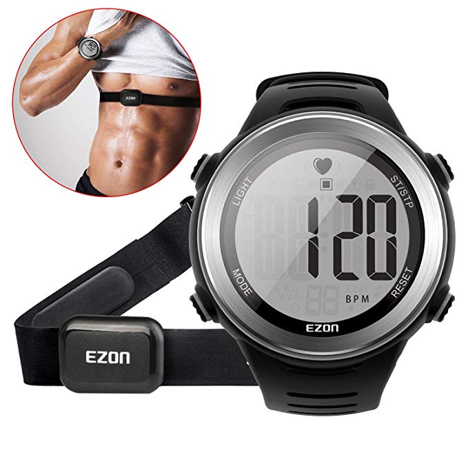 EZON Outdoor Sports Smart Watch with Heart Rate Monitor Waterproof HRM Tech Chest Strap Watch with Alarm Hourly Chime Stopwatch T007