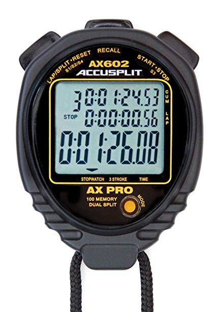 ACCUSPLIT AX602 PRO MEMORY (100) 3 LINE DISPLAY Stopwatch with STROKE RATE (Black)