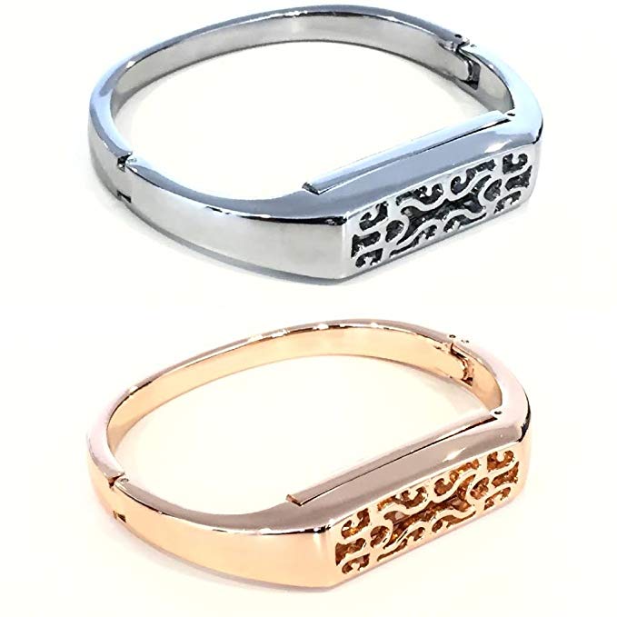 Set 1 Silver & 1 Rose Gold Metal Bands for Fitbit Flex 2 Activity Tracker Vintage Floral Design Replacement Bangles for Fitbit Flex 2 Bracelet Pendant Slim Bands