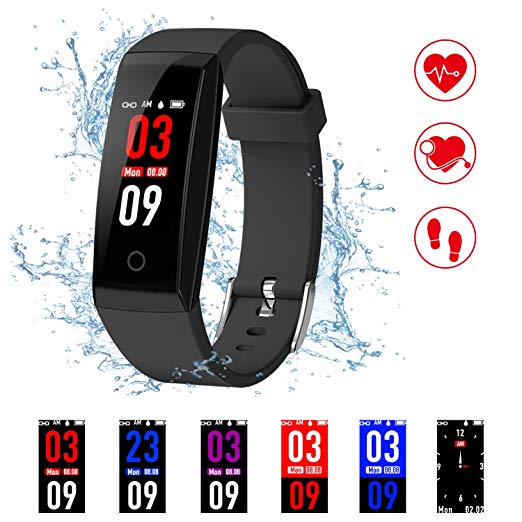 Fitness Tracker,Kirlor New Version Colorful Screen Smart Bracelet with Heart Rate Blood Pressure Monitor,Smart Watch Pedometer Activity Tracker Bluetooth for Android & IOS (Black)