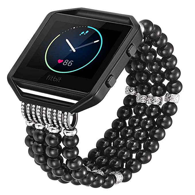 Fastgo for Fitbit Blaze Bands Women, Handmade Elastic Stretch Beaded Faux Pearl Strap Replacement Bracelet with Metal Frame for Fitbit Blaze