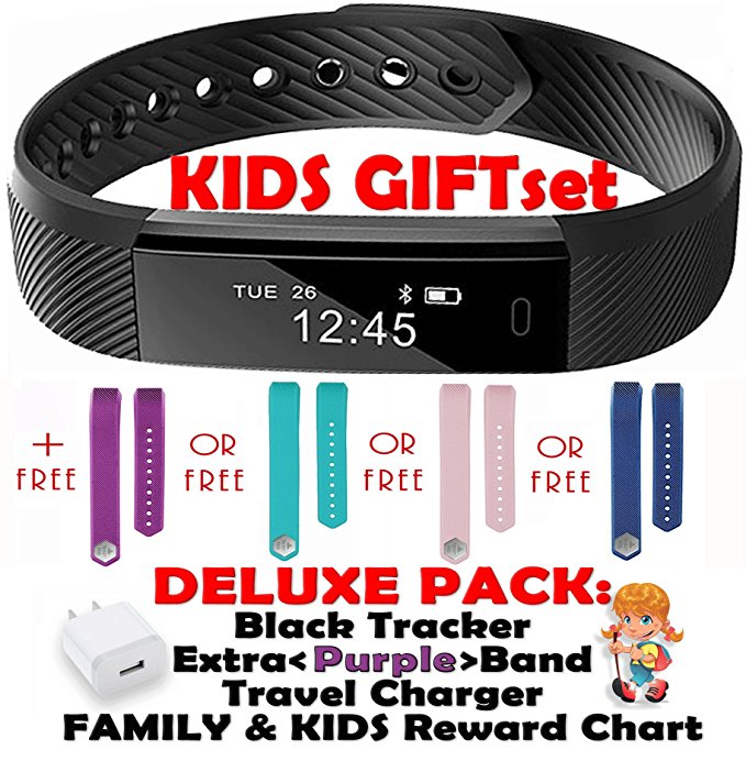 Kids Fitness Activity Tracker for Kids - Health Wristband for Women Men Smart Activity Tracker 2 Wrist Bands for iOS iPhone Android Bluetooth Pedometer Step Counter Sleep Monitor (Black Purple Gift)