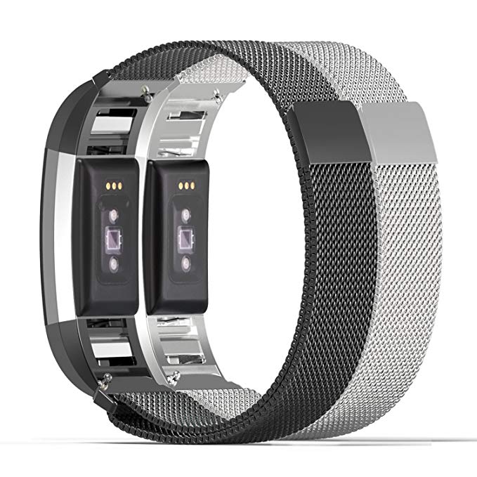 MoKo Fitbit Charge 2 Band, [2PCS] Milanese Loop Stainless Steel Bracelet Strap + Connector for 2016 Fitbit Charge 2 Heart Rate + Fitness Wristband, Wrist Length 5.31