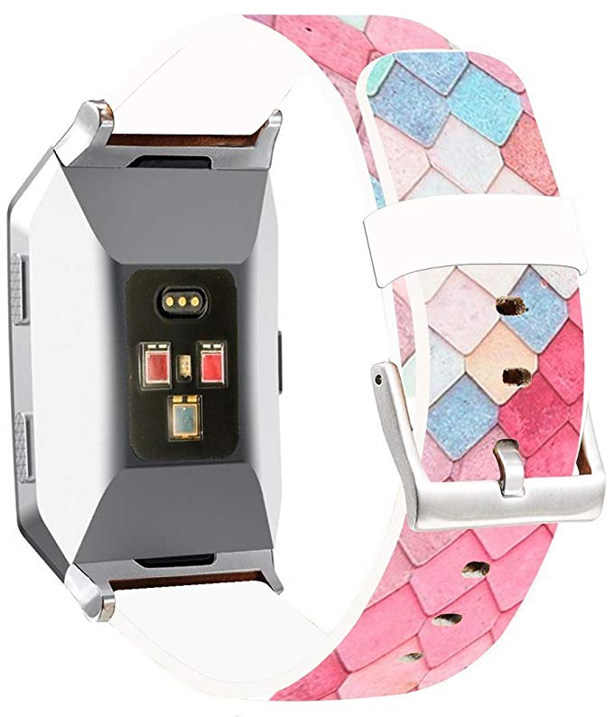 Bands For Fitbit Ionic Leather - ENDIY Strap Replacement For Fitbit Ionic Small & Large Silver Women Men - Pink Female Girly Pattern Print