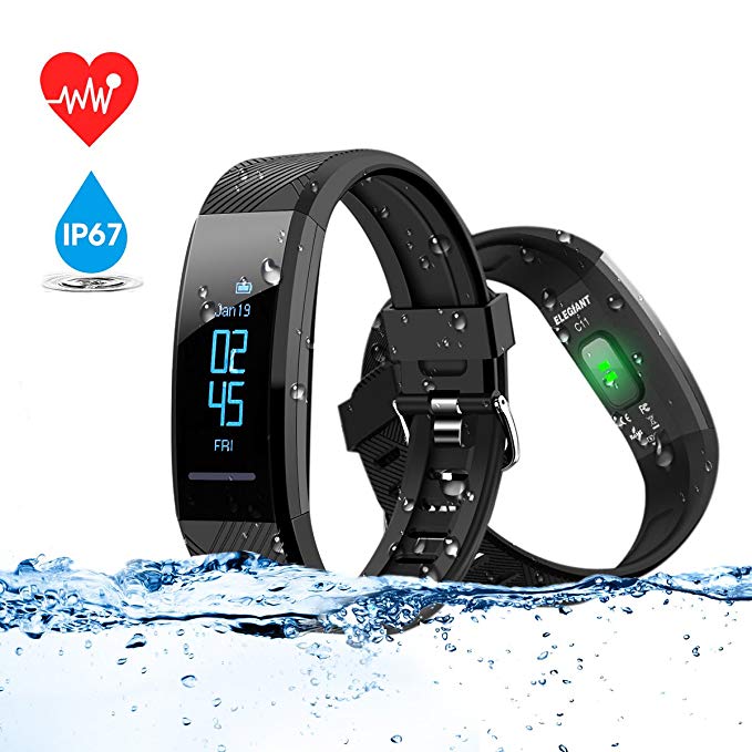 ELEGIANT C11 Fitness Watch Activity Tracker, Fitness Tracker IP67 Waterproof OLED Touch Screen Smart Bracelet with Heart Rate Monitor, Step Calorie Counter, Sleep Monitor, Pedometer Tracker (Black)