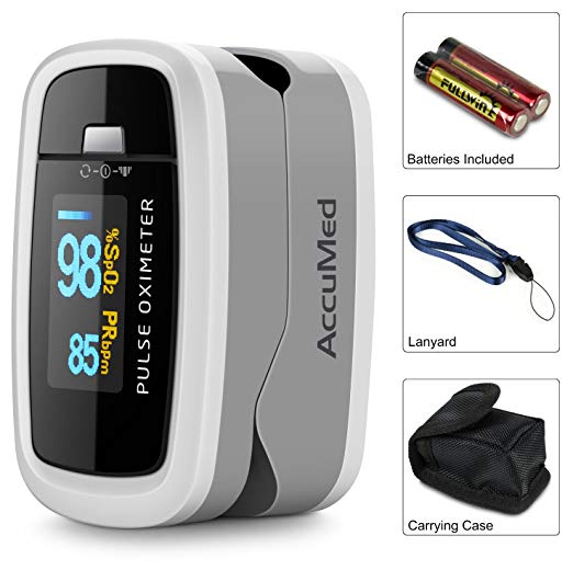 AccuMed CMS-50D1 Finger Pulse Oximeter Blood Oxygen Sensor SpO2 for Sports and Aviation. Portable and Lightweight with LED Display, 2 AAA Batteries, Lanyard and Travel Case (White)